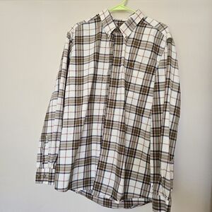 Eddie Bauer Relaxed Fit Mens L White Green Plaid Long Sleeve Button Up Cotton